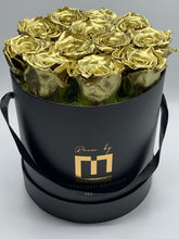 Load image into Gallery viewer, Gold roses, preserved roses, eternal roses, everlasting roses, dozen roses, golden anniversary
