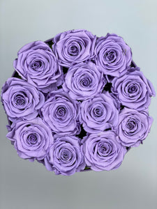 Dozen Everlasting Preserved Lavender Roses in lavender box - MCROSES.COM