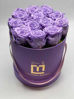Dozen Everlasting Preserved Lavender Roses in lavender box - MCROSES.COM