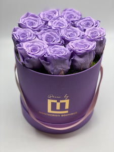 Dozen Everlasting Preserved Lavender Roses in lavender box - MCROSES.COM