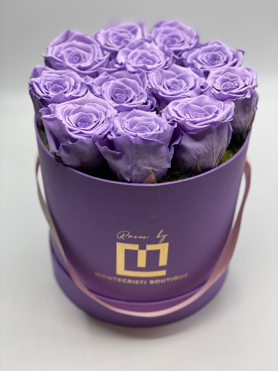 Dozen Everlasting Preserved Lavender Roses in lavender box - MCROSES.COM